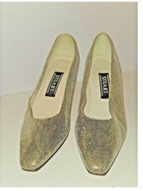 Stuart Weitzman Snake Print Leather Pumps Pointed Toe Heels Cream Gold Size 7.5